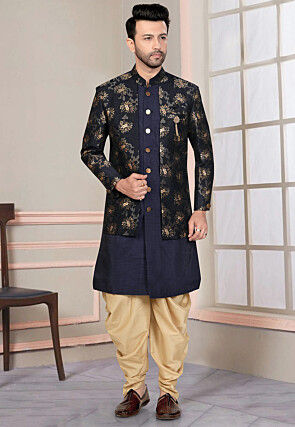 Woven Art Silk Sherwani in Navy Blue