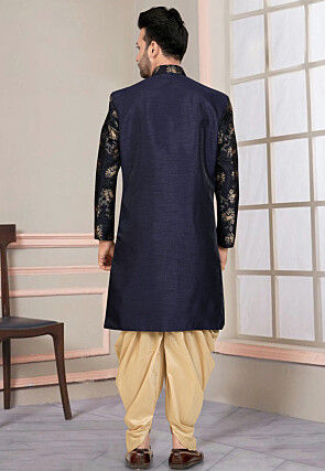 Woven Art Silk Sherwani in Navy Blue