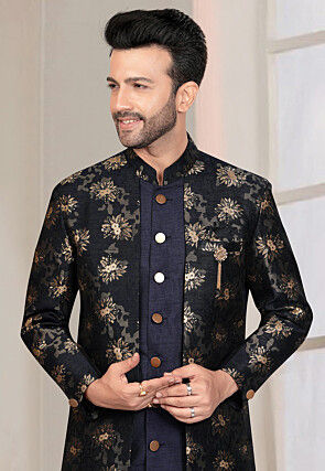 Woven Art Silk Sherwani in Navy Blue