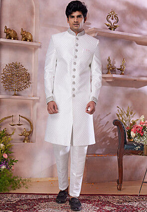 Woven Art Silk Sherwani in Off White