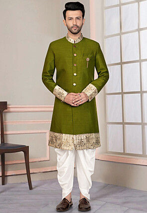 Woven Art Silk Sherwani in Olive Green
