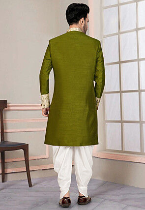 Woven Art Silk Sherwani in Olive Green