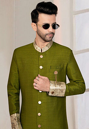 Woven Art Silk Sherwani in Olive Green