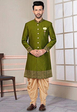 Woven Art Silk Sherwani in Olive Green