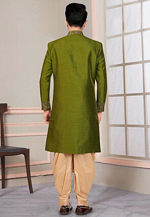 Woven Art Silk Sherwani in Olive Green