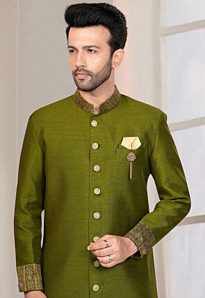 Woven Art Silk Sherwani in Olive Green