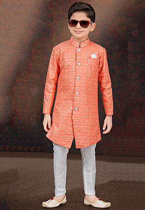Woven Art Silk Sherwani in Orange