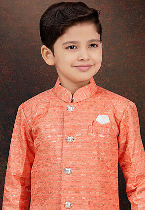 Woven Art Silk Sherwani in Orange