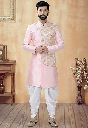 Woven Art Silk Sherwani in Peach