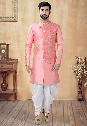 Woven Art Silk Sherwani in Pink