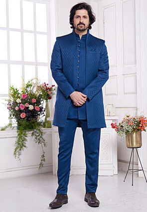 Woven Art Silk Sherwani in Teal Blue
