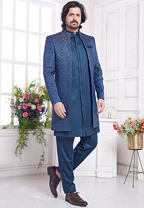 Woven Art Silk Sherwani in Teal Blue