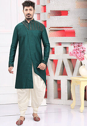 Woven Art Silk Jacquard Asymmetric Sherwani in Teal Green