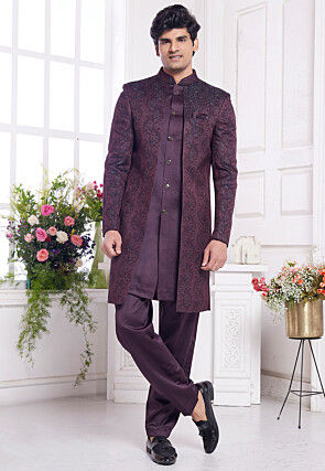 Woven Art Silk Sherwani in Wine