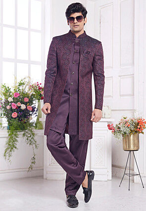 Woven Art Silk Sherwani in Wine