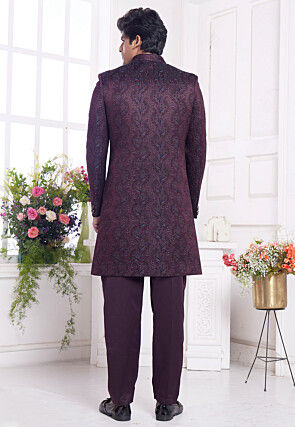 Woven Art Silk Sherwani in Wine