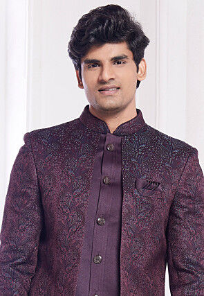 Woven Art Silk Sherwani in Wine