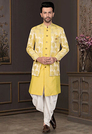 Woven Art Silk Sherwani in Yellow