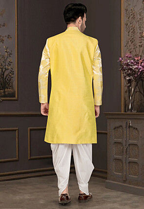 Woven Art Silk Sherwani in Yellow