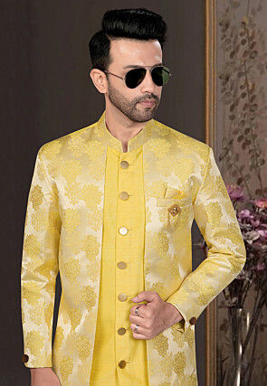 Woven Art Silk Sherwani in Yellow
