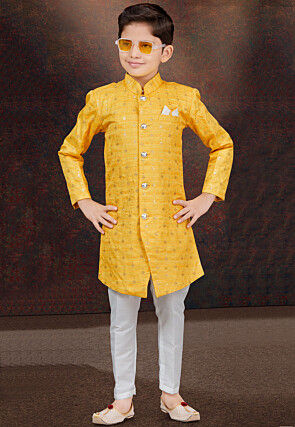 Woven Art Silk Sherwani in Yellow