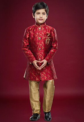 Woven Art Silk Sherwani Set in Maroon
