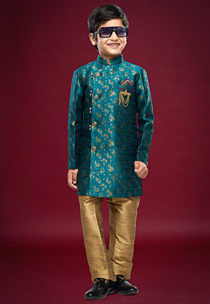Woven Art Silk Sherwani Set in Teal Blue
