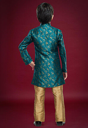 Woven Art Silk Sherwani Set in Teal Blue