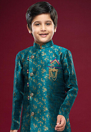 Woven Art Silk Sherwani Set in Teal Blue