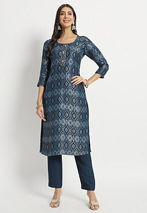 Woven Art Silk Staight Kurta Set in Dark Blue