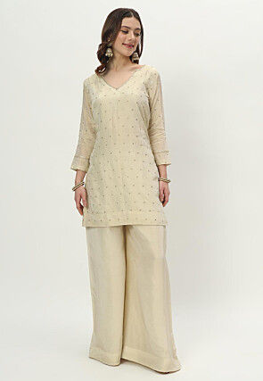 Woven Art Silk Staight Kurta Set in Light Beige
