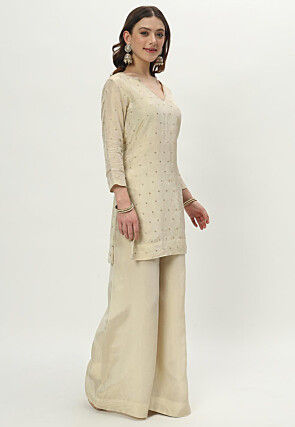 Woven Art Silk Staight Kurta Set in Light Beige