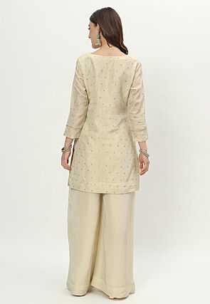 Woven Art Silk Staight Kurta Set in Light Beige