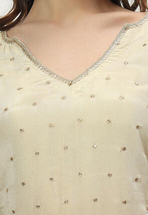 Woven Art Silk Staight Kurta Set in Light Beige
