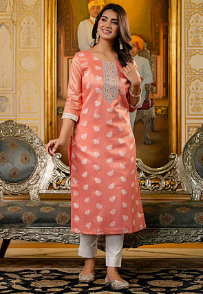Woven Chinon Chiffon Straight Kurta in Peach