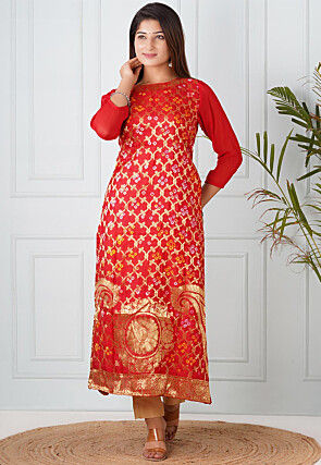 Woven Art Silk Straight Kurta in Red