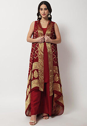Woven Art Silk Straight Kurta Set in Maroon