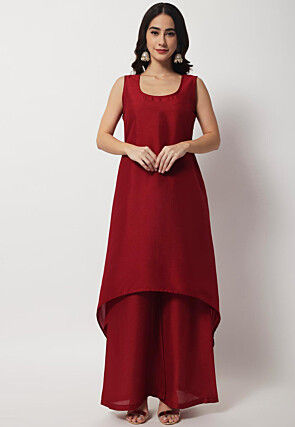 Woven Art Silk Straight Kurta Set in Maroon