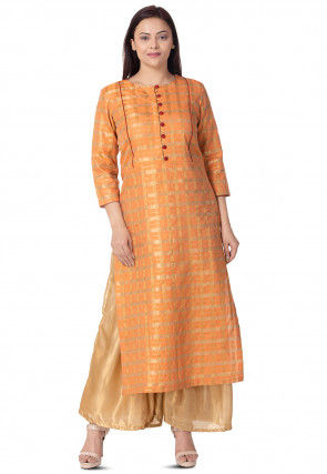 Woven Art Silk Straight Kurta Set in Orange