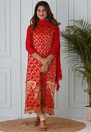 Woven Art Silk Straight Suit in Red