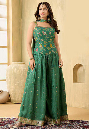 Woven Art Silk Top Set in Dark Green