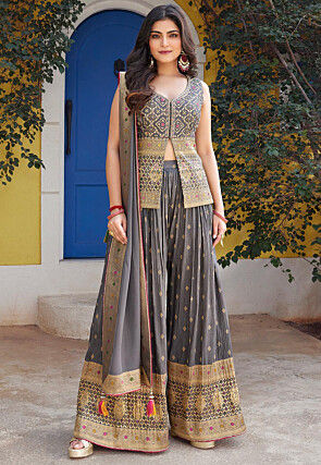 Woven Art Silk Top Set in Grey