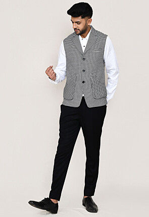 Woven Art Silk Shirt Set in Off White and Black