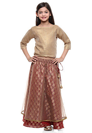 Woven Art Silk Top With Skirt in Beige and Red