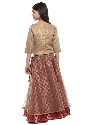 Woven Art Silk Top With Skirt in Beige and Red