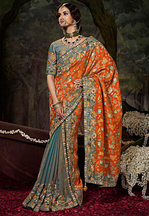 Woven Art Silk Two Part Saree in Orange and Grey