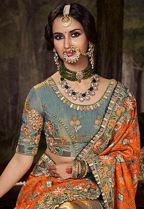 Woven Art Silk Two Part Saree in Orange and Grey