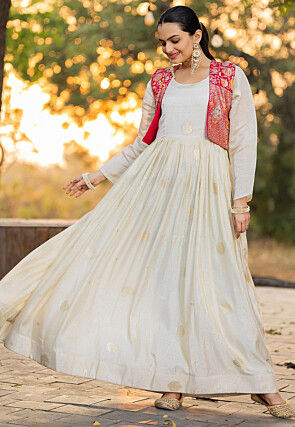 Woven Art Viscose Silk Jacquard Gown in Off White