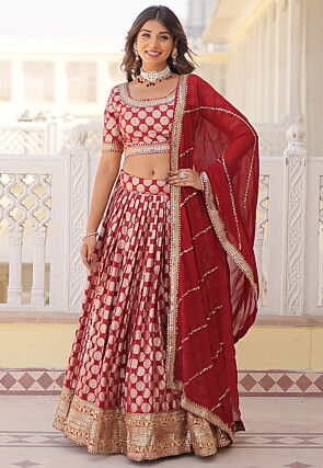 Woven Art Viscose Silk Jacquard Lehenga in Red