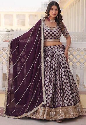 Woven Art Viscose Silk Jacquard Lehenga in Wine